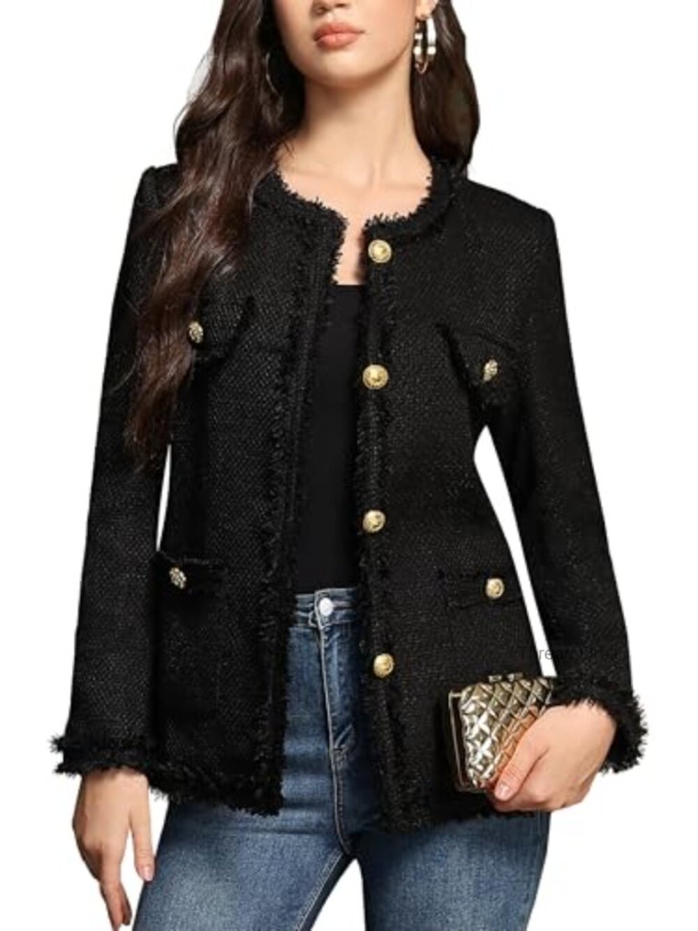 Tweed Blazer with Pockets Collarless Long Jacket Business Casual